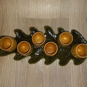 Vintage rövidital kínáló, tölgyfalevél tálca, makk formájú poharakkal, 31 cm - otthon & életmód - konyhafelszerelés, tálalás - tálalás - pálinkás poharak, szettek - Meska.hu
