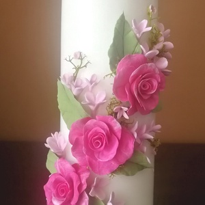 Pink agyagvirágok tánca fehér dekorgyertyán - otthon & életmód - gyertya, illat, aroma - gyertya - Meska.hu
