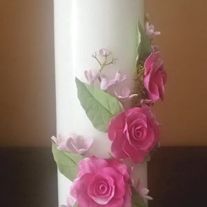 Pink agyagvirágok tánca fehér dekorgyertyán - otthon & életmód - gyertya, illat, aroma - gyertya - Meska.hu