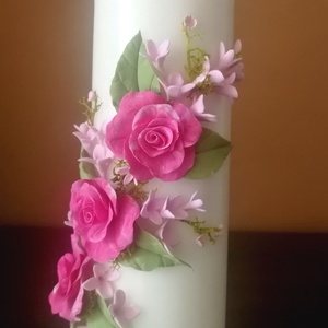 Pink agyagvirágok tánca fehér dekorgyertyán - otthon & életmód - gyertya, illat, aroma - gyertya - Meska.hu