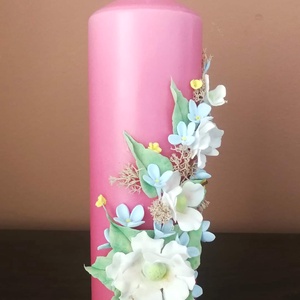 Pink dekor - gyertya , fehér agyagvirágokkal díszítve - otthon & lakás - gyertya, illat, aroma - gyertya - Meska.hu