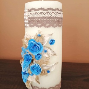 Kék agyagvirágokkal díszített vintage stílusú gyertya - otthon & életmód - gyertya, illat, aroma - gyertya - Meska.hu