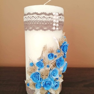 Kék agyagvirágokkal díszített vintage stílusú gyertya - otthon & életmód - gyertya, illat, aroma - gyertya - Meska.hu