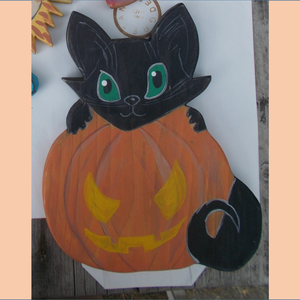 Halloween tök macskával Őszi cica és tök, Otthon & Lakás, Halloween, Halloweeni figurák, Dekoráció, Festett tárgyak, Famegmunkálás, MESKA