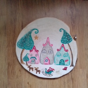 Karácsonyi falu haranggal falapra festve kopogtató - Meska.hu