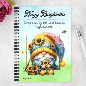 Személyre szabható - Hintázó napraforgós manó mintás A5-ös füzet - otthon & életmód - papír, írószer - jegyzetfüzet & napló - Meska.hu