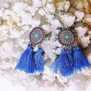 Kék bojtos fülbevaló zománc dísszel , Ékszer, Fülbevaló, Rojtos fülbevaló, Ékszerkészítés, MESKA