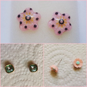 3 pár beszúrós fülbevaló rózsaszín virág zöld köves  - Meska.hu