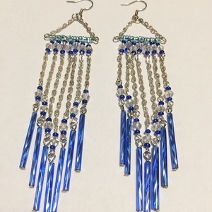 Ezüst metálkék láncos rojtos hosszú fülbevaló - ékszer - fülbevaló - lógó fülbevaló - Meska.hu