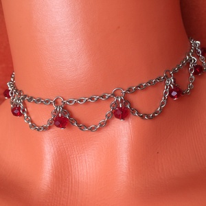 Ezüst fém choker stílusú nyaklánc+ fülbevaló piros gyöngyökkel - Meska.hu