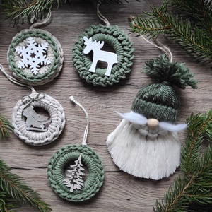 Horgolt karácsonyfadísz szett bézs-eukaliptusz színben, Karácsony, Karácsonyi lakásdekoráció, Karácsonyfadíszek, Horgolás, MESKA