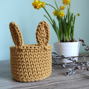 Horgolt nyuszifüles kosár (okker színben), Otthon & Életmód, Tárolás & Rendszerezés, Tárolókosár, Horgolás, MESKA