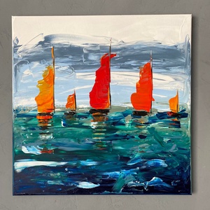 Absztrakt, Balatoni vitorlások, könnyű vászon, 50x50 - művészet - festmény - akril - Meska.hu
