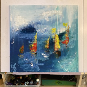 Balatoni vitorlások, 50x50 akril könnyű vásznon - művészet - festmény - akril - Meska.hu