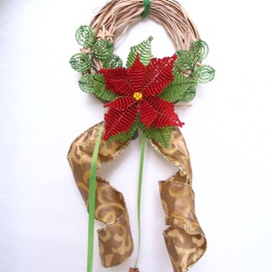 Karácsonyi ajtódísz  gyöngyből - mikulásvirággal , Karácsony, Karácsonyi lakásdekoráció, Karácsonyi ajtódíszek, Gyöngyfűzés, gyöngyhímzés, Virágkötés, MESKA