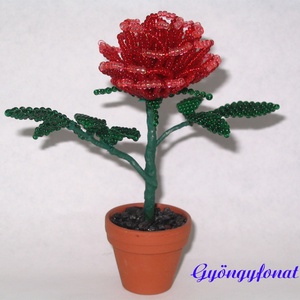 Piros rózsa gyöngyből, cserepes dísz -  - Meska.hu
