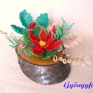 Karácsonyi asztaldísz , Karácsony, Karácsonyi lakásdekoráció, Ünnepi asztaldekoráció, Gyöngyfűzés, gyöngyhímzés, Virágkötés, MESKA