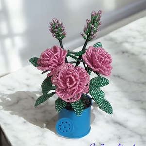 Rózsaszín rózsa levendulával gyöngyből,  asztaldísz - otthon & életmód - dekoráció - asztal és polc dekoráció - asztaldísz - Meska.hu