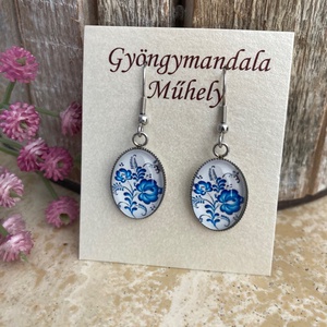 Üveglencsés nemesacél divatékszer! - kék virágos, Ékszer, Fülbevaló, Lógó fülbevaló, Ékszerkészítés, MESKA
