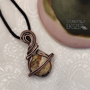 Tájképjáspis bolygó medál antikolt vörösréz befoglalással, Ékszer, Nyaklánc, Medál, Ékszerkészítés, MESKA