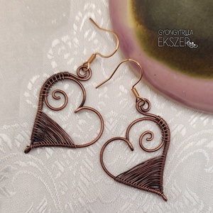 Vörösréz drót szív fülbevaló acél akasztóval , Ékszer, Fülbevaló, Lógó fülbevaló, Ékszerkészítés, MESKA