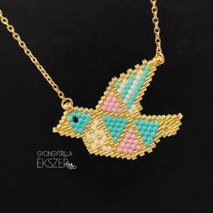Pasztell madárka gyöngyfűzött nyaklánc  - ékszer - nyaklánc - medálos nyaklánc - Meska.hu