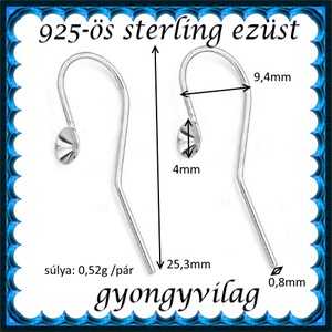  925-ös sterling ezüst ékszerkellék: fülbevalóalap akasztós EFK A 59-4 - gyöngy, ékszerkellék - egyéb alkatrész - Meska.hu