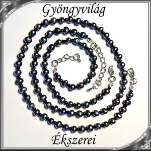 Édesvizi igazgyöngy nyaklánc-karkötő szett, ezüstözött kapoccsal SSZEB-IG02 5x5 black - ékszer - ékszerszett - Meska.hu