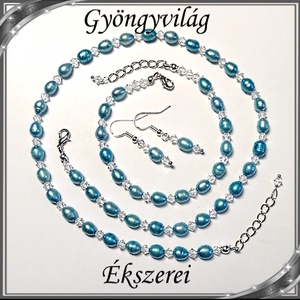 Édesvizi igazgyöngy-swarovski szett, ezüstözött kapoccsal SSZEB-IG04 7,5x6 kék - ékszer - ékszerszett - Meska.hu