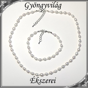 Édesvizi igazgyöngy nyaklánc-karkötő szett, ezüstözött kapoccsal SSZEB-IG03 6x5 white - ékszer - ékszerszett - Meska.hu