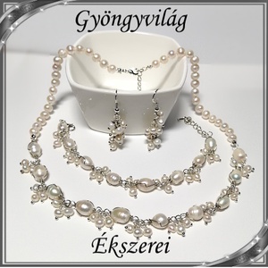 Édesvizi igazgyöngy nyaklánc-karkötő szett, ezüstözött kapoccsal SSZEB-IG08 fehér-e, Ékszer, Ékszerszett, Ékszerkészítés, Gyöngyfűzés, gyöngyhímzés, Meska