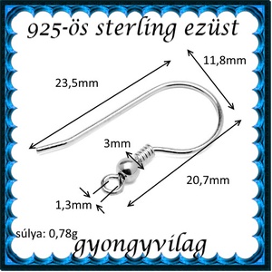  925-ös sterling ezüst ékszerkellék: fülbevalóalap akasztós EFK A 10-3 - gyöngy, ékszerkellék - egyéb alkatrész - Meska.hu