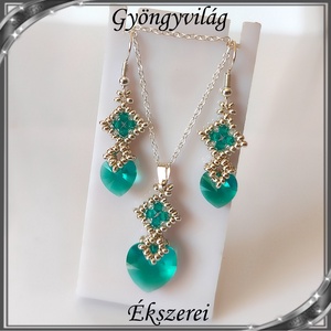 Ékszerek-szettek: Swarovski kristály fülbevaló-medál -10-14mm-es szív szett SSZ-SW 01 emerald - Meska.hu