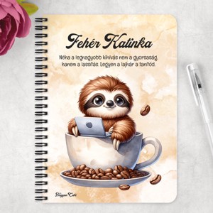 Személyre szabható - Kávés lajhár és a laptop mintás A5-ös füzet - otthon & életmód - papír, írószer - jegyzetfüzet & napló - Meska.hu