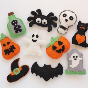 10 db Halloween filc (függő) díszek - denevér, fekete macska, pók, tökök, szellem, koponya, boszisapka, méreg, sírkő -  - Meska.hu