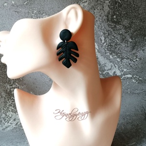 Fekete Philodendron fülbevaló - ékszer - fülbevaló - lógó fülbevaló - Meska.hu