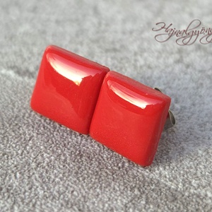 PIROS NÉGYZET fülbevaló , Ékszer, Fülbevaló, Pötty fülbevaló, Ékszerkészítés, Gyurma, MESKA