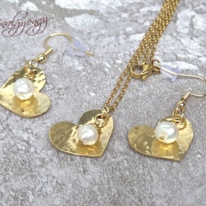 Sárgaréz szív szett igazgyönggyel - Meska.hu