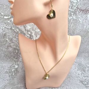 Sárgaréz szív szett igazgyönggyel - ékszer - ékszerszett - Meska.hu