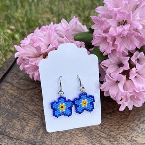 Nefelejcs fülbevaló , Ékszer, Fülbevaló, Lógó fülbevaló, Gyöngyfűzés, gyöngyhímzés, MESKA