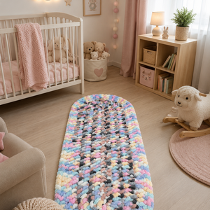 Kézzel horgolt zsenília babaszobai szőnyeg � pasztell színek � 125�48 cm, Otthon & Életmód, Lakástextil, Szőnyeg, Horgolt szőnyeg, Horgolás, MESKA