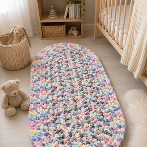 Kézzel horgolt zsenília babaszobai szőnyeg � pasztell színek � 125�48 cm - Meska.hu