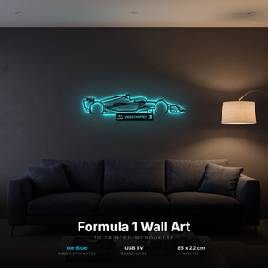 Forma-1 versenyautó - 3D nyomtatott sziluett falidísz LED háttérvilágítással, egyedi névtáblával - Meska.hu
