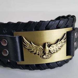 Férfi fekete bőr karkötő (cuff) sas motivummal. - ékszer - karkötő - széles karkötő - Meska.hu