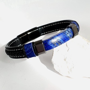 Férfi fekete bőr karkötő Lapis Lazuli ásvány fekete köztessel - Meska.hu