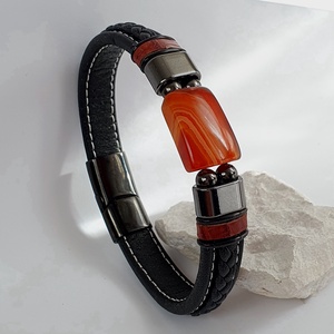 Agate square stone fekete  fonott férfi bőr karkötő  - ékszer - karkötő - karperec - Meska.hu