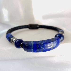 Lapsi Lazuli ásvány kő karkötő  férfi fonott fekete bőrőn  , Ékszer, Karkötő, Karperec, Ékszerkészítés, MESKA