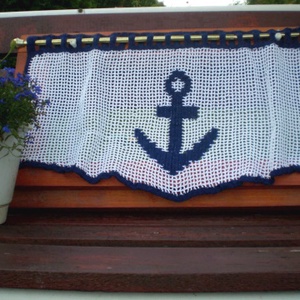 Horgonyra fel--Kék-fehér vasmacska mintás horgolt csipkés vitrázs függöny. - otthon & életmód - lakástextil - függöny és kiegészítő - vitrázs függöny - Meska.hu