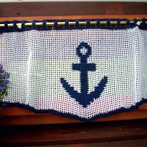 Horgonyra fel--Kék-fehér vasmacska mintás horgolt csipkés vitrázs függöny. - otthon & életmód - lakástextil - függöny és kiegészítő - vitrázs függöny - Meska.hu