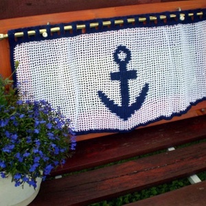 Horgonyra fel--Kék-fehér vasmacska mintás horgolt csipkés vitrázs függöny. - Meska.hu